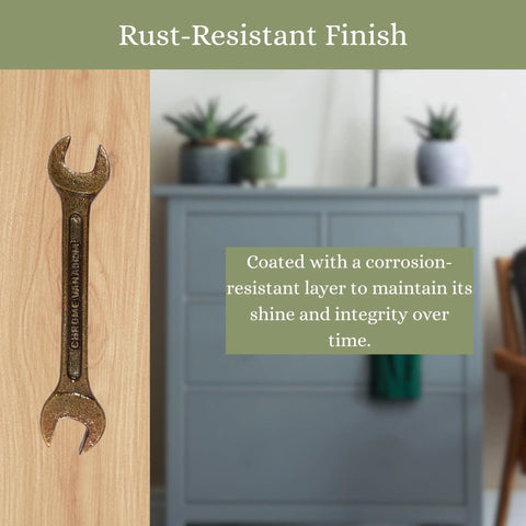 Rust-resistant Antique Metal Wrench Drawer Pull For Cabinets And Tool Chests with vintage spanner shape on wood panel
