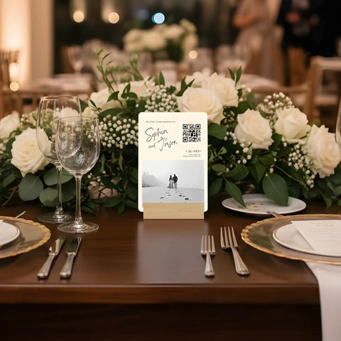 Custom Acrylic Sign 5x7 Inches For Indoor Use With Stand on decorated dining table in elegant setting