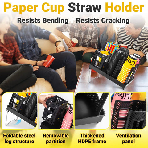 High Capacity Cup And Lid Organizer For Coffee Stations All-In-One Vertical Disposable Paper Cup Dispenser With Straw Storage Basket, black