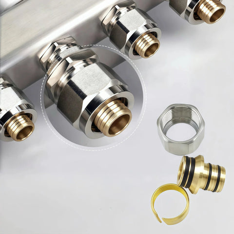 Close-up of Five Branch PEX Radiant Heat Manifold Kit For Hydronic Floor Heating In 304 Stainless Steel With Half Inch Tubing Five Loops