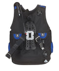 Back of XL Glide Front Adjustable Scuba BCD with Balanced Power Inflator, showing straps, inflator, and Y-Fit shoulders, blue accents.
