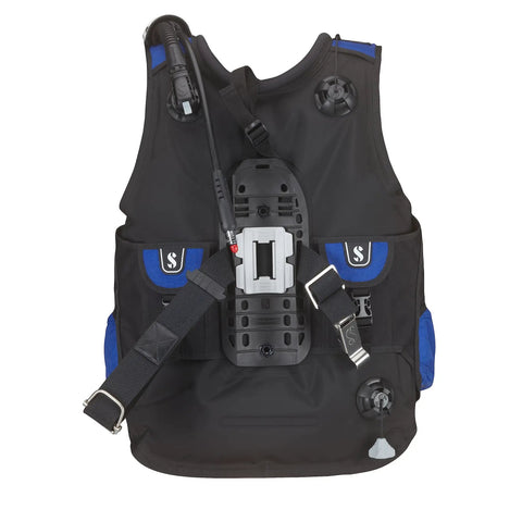Back of XL Glide Front Adjustable Scuba BCD with Balanced Power Inflator, showing straps, inflator, and Y-Fit shoulders, blue accents.