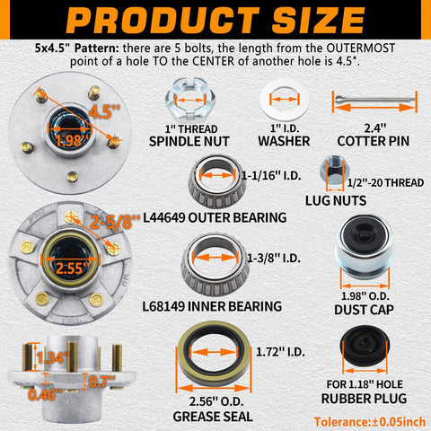GREPSPUD galvanized trailer hub kit, 5x4.5 in bolt pattern, 2 sets with L44649/L68149 bearings