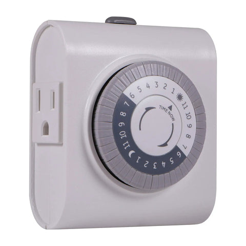 24 Hour Mechanical Outlet Timer Switch With Dual Grounded Plug In Control For Indoor Lighting Lamps Christmas Tree Lights Fans And Small Appliances No WiFi Needed Easy Peasy Pushpin Scheduling, close-up of dial and plug view