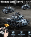 1 18 Scale KV1 RC Tank With Smoke Lights And Sound 2.4GHz Remote Battle Ready Army Toy For Adults And Kids 15 Channel Military Vehicle With Realistic Engine Roar Turret Rotation Barrel Elevation And Shooting Recoil showcasing operation scene with remote.