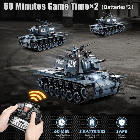 1 18 Scale KV1 RC Tank With Smoke Lights And Sound 2.4GHz Remote Battle Ready Army Toy For Adults And Kids 15 Channel Military Vehicle With Realistic Engine Roar Turret Rotation Barrel Elevation And Shooting Recoil showcasing operation scene with remote.