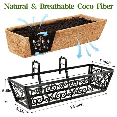 Two Pack 24 Inch Deck Railing Planter Box With Adjustable Brackets And Coco Liners Weatherproof Metal Construction.