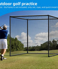 Golfer practicing with 10x10ft Golf Batting Cage With Quick Installation Tool And Rope No Fuss Easy Setup Indoor Outdoor Practice Net.