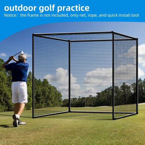 Golfer practicing with 10x10ft Golf Batting Cage With Quick Installation Tool And Rope No Fuss Easy Setup Indoor Outdoor Practice Net.