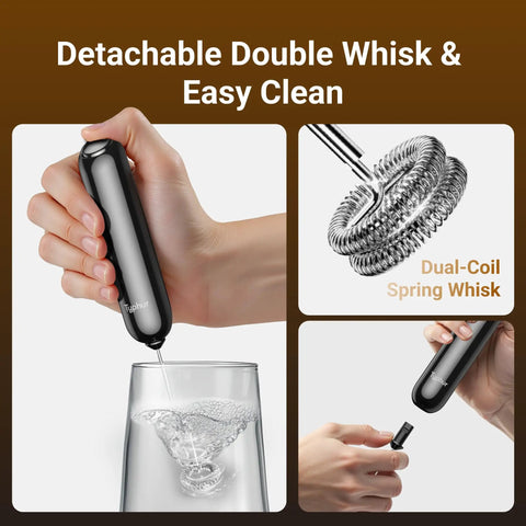 Barista Grade Variable Speed Milk Frother With Battery Operated Handheld Wand And Stand, Detachable Double Whisk Shown In Use