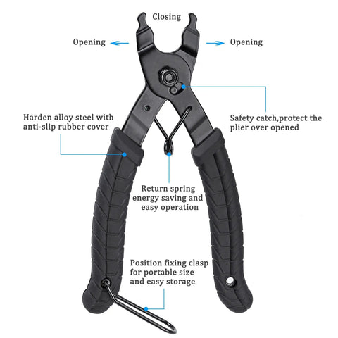 2 In 1 Bike Master Link Pliers For Quick Link Removal Opener And Closer Heavy Duty Chain Repair Tool Compatible With All Speed Chains Ergonomic Steel Pliers For Easy Bike Maintenance showing important features like safety catch and anti-slip handles