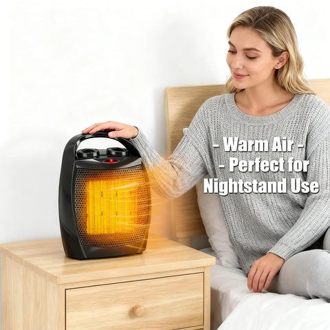 Woman using Compact Ceramic Desk Heater Space Saver With Thermostat 1500W 750W Dual Power Settings Fast Heating Quiet Under Desk Space Heater