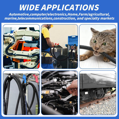 Collage showing applications of 100 Ft Split Wire Loom Tubing Three Quarters Inch Wire Protector Conduit in various industries.