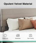 Queen Bed Frame With Upholstered Linen Striped Headboard And Adjustable Height Wood Slat Support Hella Sturdy Design Zero Hassle Setup No Box Spring Needed Heavy Duty Legs Beige Bedroom close-up of beige upholstered velvet headboard with decorative pillows.