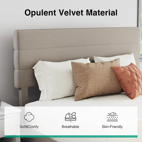 Queen Bed Frame With Upholstered Linen Striped Headboard And Adjustable Height Wood Slat Support Hella Sturdy Design Zero Hassle Setup No Box Spring Needed Heavy Duty Legs Beige Bedroom close-up of beige upholstered velvet headboard with decorative pillows.