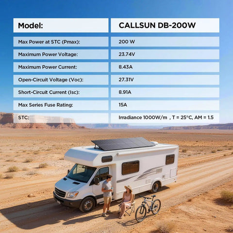 200W N-Type Bifacial Solar Panel 16BB High Efficiency, mounted on RV roof in desert landscape