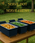 Heavy Duty Chafing Dish Wind Guard Two Pack With Sturdy Handles Black Covers on table with food for buffet displays.