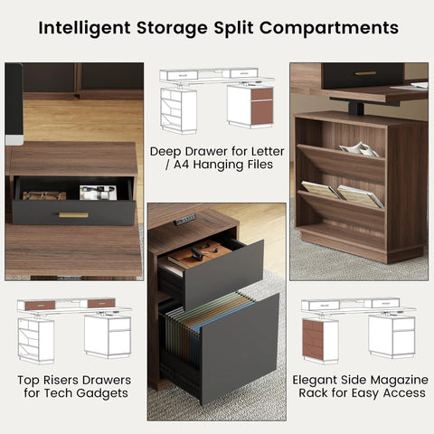 Premium 63 Inch Electric Height Adjustable Standing Desk With Four Drawer Filing Cabinet Built In Monitor Platform Smooth Glide Motor No Sweat Assembly Top Tier Workspace Gear For Busy Pros with intelligent storage compartments and drawers.