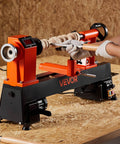 Benchtop Wood Lathe With 1 HP Motor, Variable Speed 150 To 3800 RPM, 12 By 18 Inch Work Area, Cast Iron Frame, in use on workbench