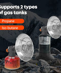 Portable Outdoor Propane Heater For Camping And Fishing, Dual Fuel 1lb Propane Or ISO Butane, Self Igniting With No Extra Ignite Needed, Stable Base, Easy To Use, Ideal Gear For Cold Nights, shown with propane and iso-butane tanks.