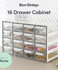 Stackable 16 Drawer Clear Cabinet Organizer For Hardware Beads Plastic Bricks Office And Craft Supplies With Transparent Compartments And Adjustable Dividers Made In Korea Gray Workhorse on tabletop.