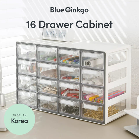 Stackable 16 Drawer Clear Cabinet Organizer For Hardware Beads Plastic Bricks Office And Craft Supplies With Transparent Compartments And Adjustable Dividers Made In Korea Gray Workhorse on tabletop.