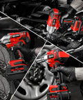 Cordless Impact Wrench With 650 Nm Torque And 3300 RPM One Half Inch Drive Brushless Motor 4.0 Ah Battery Six Sockets Fast Charger Heavy Duty Beast Mode Impact Gun For Trucks And Cars in action on vehicle wheels and engine