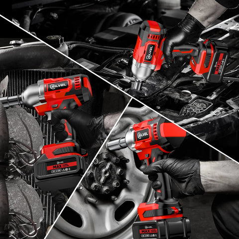 Cordless Impact Wrench With 650 Nm Torque And 3300 RPM One Half Inch Drive Brushless Motor 4.0 Ah Battery Six Sockets Fast Charger Heavy Duty Beast Mode Impact Gun For Trucks And Cars in action on vehicle wheels and engine