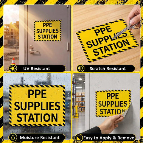 PPE Supplies Station Stickers 10x7 Waterproof PVC Safety Signs Self Adhesive Decals For Factory Warehouse And Construction Site