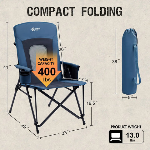 Oversized Folding High Back Lawn Chair for Adults With Cup Holder, Carrying Strap, Hard Armrests, 400Lb Capacity, Blue