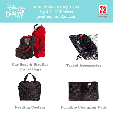 Disney Baby travel accessories including stroller hooks, car seat bags, feeding coolers, and changing pads with Mickey Mouse design.