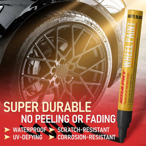 Hassle Free Wheel Scratch And Curb Rash Repair Kit Matte Black Rim Paint Pen next to a stylish alloy wheel for home restoration.