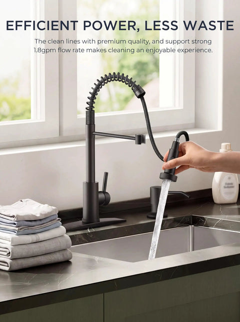 Heavy Duty Matte Black Kitchen Sink Faucet Pull Down Sprayer High Arc Swing Spout For Wide Basins Lead Free Certified with water flow