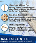 Heavy Duty Wooden Dowel Pins Six By Fifty Millimeter Straight Shot Replacement For Flat Pack Furniture And Wobbly Shelves Solid Core Joint Reinforcement Makes Quick Repairs - Chamfered and fluted birch wood dowel pins displayed on blueprints.