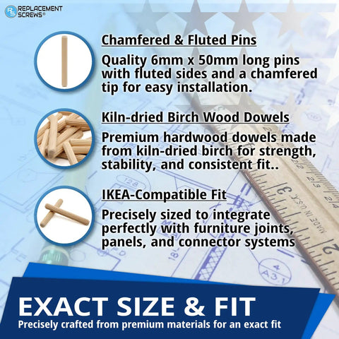 Heavy Duty Wooden Dowel Pins Six By Fifty Millimeter Straight Shot Replacement For Flat Pack Furniture And Wobbly Shelves Solid Core Joint Reinforcement Makes Quick Repairs - Chamfered and fluted birch wood dowel pins displayed on blueprints.