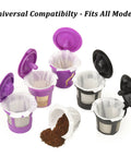Purple and black reusable coffee pods with K Cup Disposable Paper Filters 100 Pack That Fits All Reusable Coffee Pods.