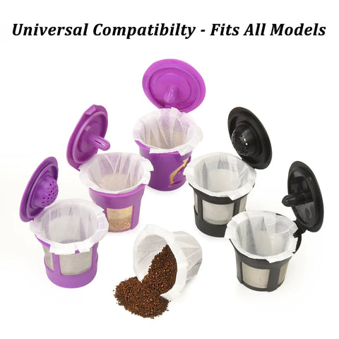 Ultra Fine K Cup Paper Filters 300 Pack For All Reusable Pods Compostable And Disposable Coffee Filters For Keurig Single Cup showing filters with coffee