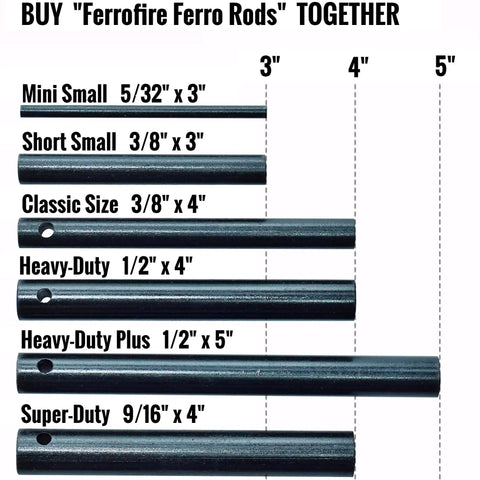 Comparison chart of various Ferrofire ferro rods with sizes, including Six Pack 1 Inch Ferro Rod Fire Starter With Two Holes.