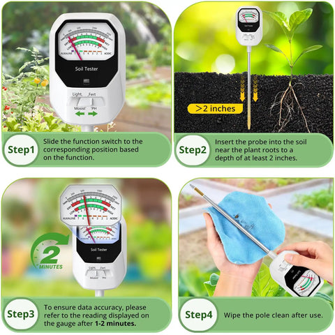 Step-by-step guide using 4 In 1 Soil Moisture PH Fertility and Light Meter for Gardening Farming and Outdoor Plants.