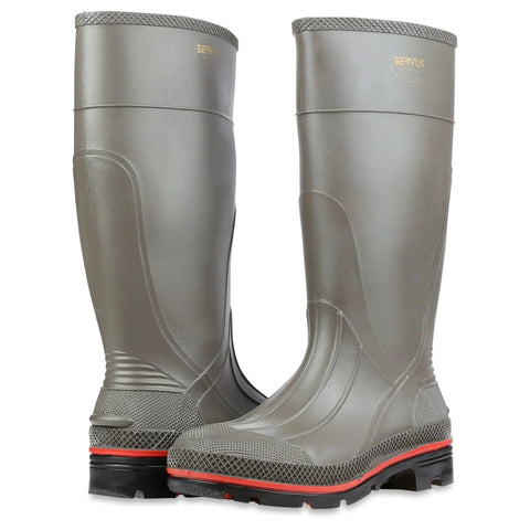 Rugged 15 Inch PVC Work Boots For Men With Top Shelf Chemical Resistance And Totally Drip Proof Waterproof Build Featuring Soft Toe Protection Removable Contour Cushion Insole For All Day Grind Ready Comfort Gray Red Black