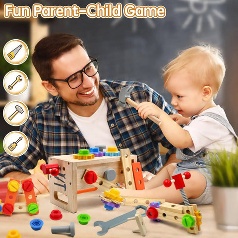 Need To Have 29 Piece Wooden Tool Set With Sturdy Box For Little Pros Featuring Hammer Screwdriver Wrench Saw And Crafting Parts For Sweet Pretend Play Workshop Projects Ages 3 Plus dad and child playing with wooden tools