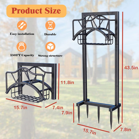 Heavy Duty Outdoor Garden Hose Holder With 5 Spikes And Basket, Freestanding Metal Hose Stand dimensions illustration