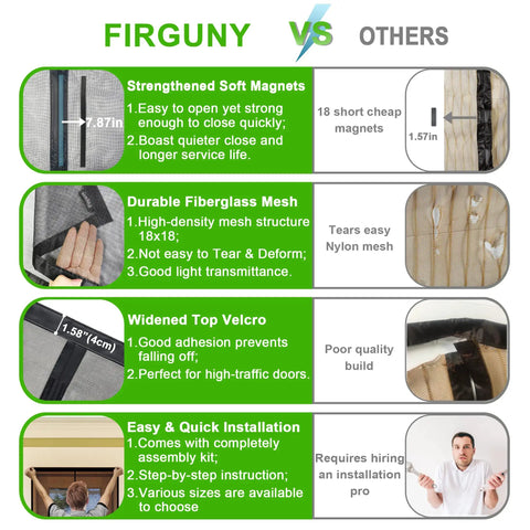 Comparison of FIRGUNY heavy duty magnetic screen door 32x80 vs others, highlighting strengthened magnets, durable fiberglass mesh, top Velcro, easy installation.