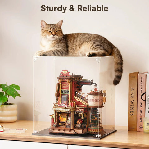 Crystal Clear Acrylic Display Case For Collectibles With Dust Proof Protection Easy Snap Assembly Stackable Design Plastic Base Perfect Showpiece For Wooden Puzzles And Model Kits, with cat on top