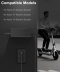 Image of 42V Replacement Charger for Electric Scooters 100 to 240V AC Input, 42V 2A Output, next to a rider on a scooter.