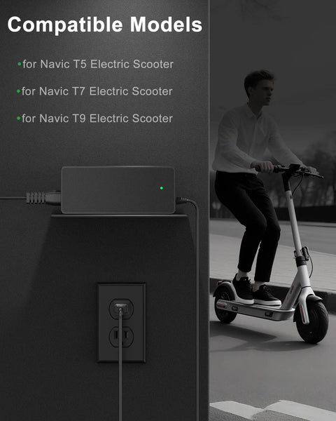 Image of 42V Replacement Charger for Electric Scooters 100 to 240V AC Input, 42V 2A Output, next to a rider on a scooter.