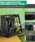 Get Your Golf Gear In Line With This Dope Wooden Bag Organizer On 360 Degree Wheels For The Garage with three bags, clubs.