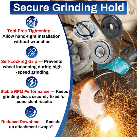 Text features of Three Piece 5/8-11 Angle Grinder Nut Set With D Ring Knurled Arbor Nut And Self-Locking Nut No-Fuss Quick Change Kit