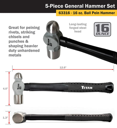 Five Piece Hammer Set With 16 Oz Ball Pein Hammer, 16 oz ball pein hammer close-up with forged steel head and fiberglass handle