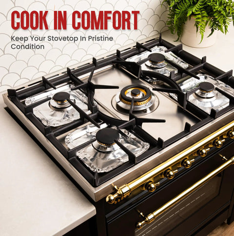 Heavy Duty Aluminum Gas Stove Burner Covers 50 Pack Disposable Stove Top Liners for mess free use on gas burners and cooktop